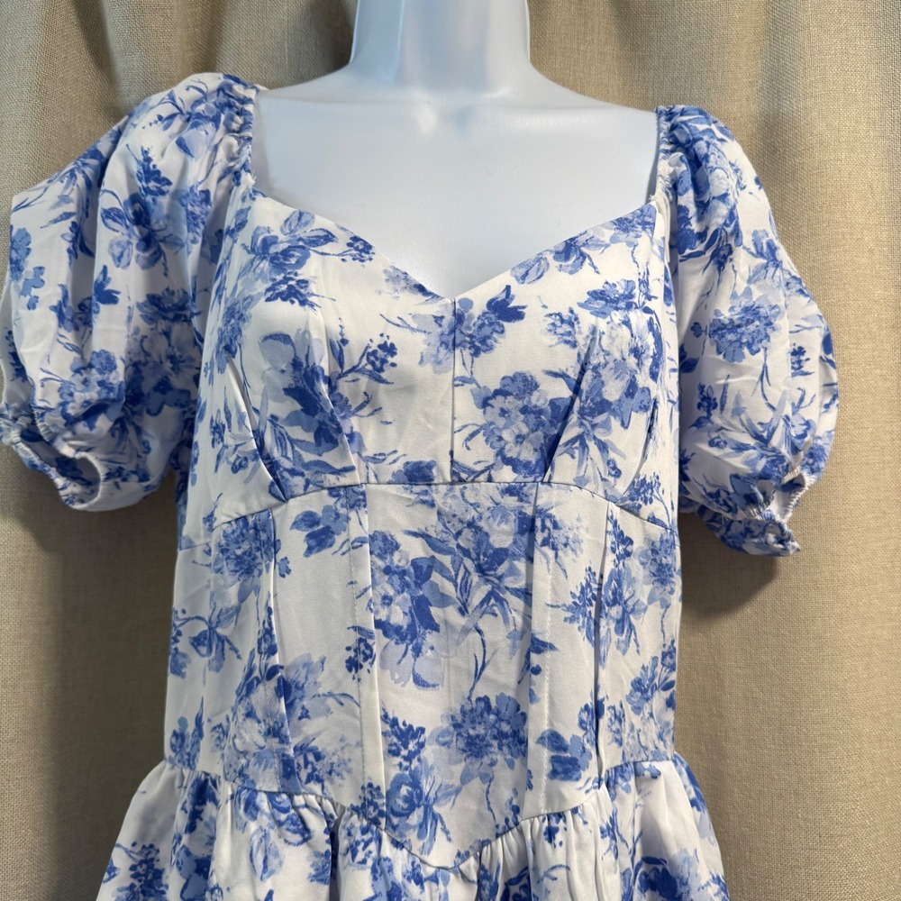 NWT Floral Mini Romper Blue White Puff Sleeve Corset Ruffle Tiered Cottagecore - Picture 2 of 6